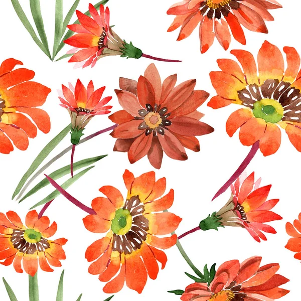 水彩オレンジ ガザニアの花 花植物の花 シームレスな背景パターン 壁紙印刷手触りの生地 テクスチャ ラッパー パターン フレームや境界線の Aquarelle — ストック写真