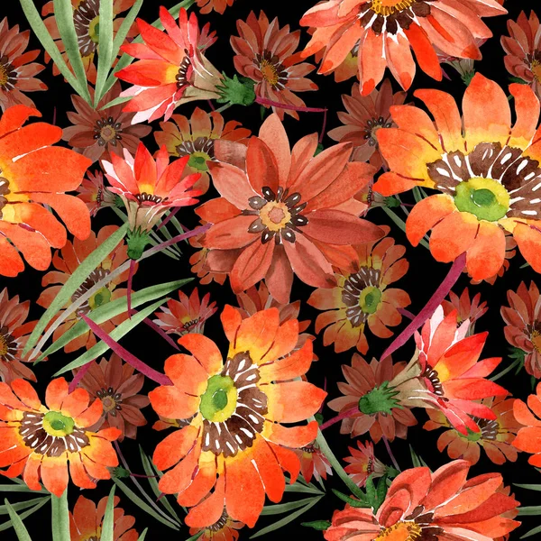 Akvarell Orange Gazania Blommor Blommig Botaniska Blomma Sömlös Bakgrundsmönster Tyg — Stockfoto