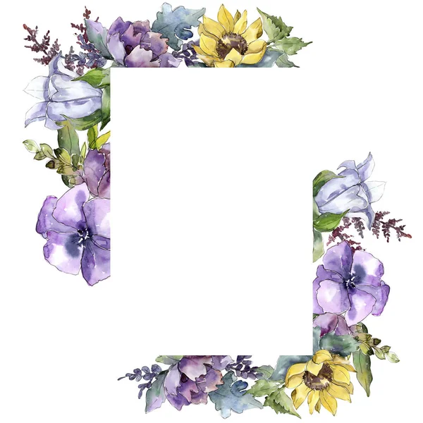 Flores Buquê Aquarela Floral Flor Botânica Quadro Borda Ornamento Quadrado — Fotografia de Stock