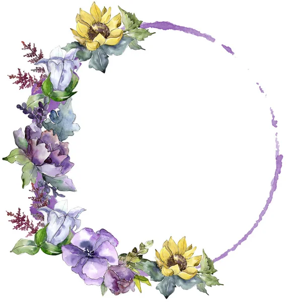 Ακουαρέλα Μπουκέτο Λουλούδια Floral Βοτανικό Λουλούδι Πλατεία Στολίδι Περίγραμμα Πλαισίου — Φωτογραφία Αρχείου