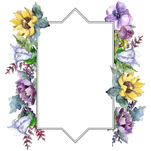 Flores Buquê Aquarela Floral Flor Botânica Quadro Borda Ornamento Quadrado — Fotografia de Stock