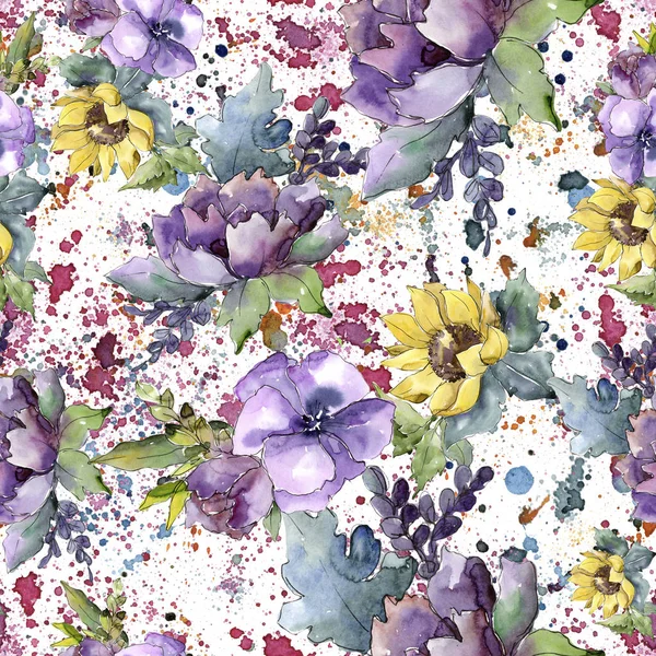 Akvarelu Kytici Květin Květinové Botanické Květin Vzor Bezešvé Pozadí Celé — Stock fotografie