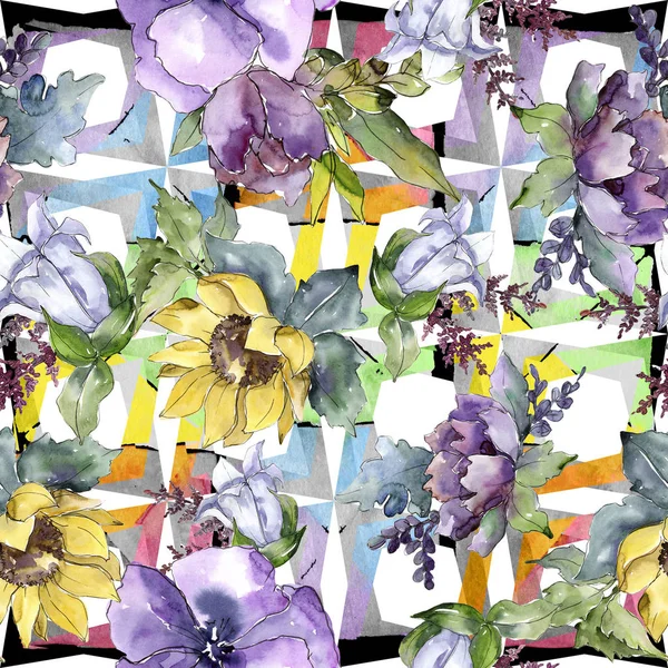 水彩の花束の花 花植物の花 シームレスな背景パターン 植物の完全な名前 ひまわり シャクヤク テクスチャ フレームや境界線の Aquarelle ワイルドフラワー — ストック写真