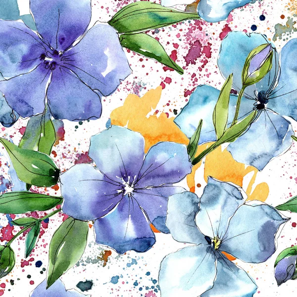 Akwarela Niebieski Kwiat Lnu Botaniczny Kwiat Kwiatowy Bezszwowe Tło Wzór — Zdjęcie stockowe
