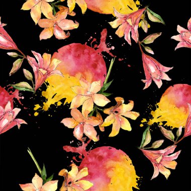 Suluboya turuncu amaryllis. Botanik çiçek. Sorunsuz arka plan deseni. Kumaş duvar kağıdı yazdırma doku. Arka plan, doku, sarıcı desen, çerçeve veya kenarlık için Aquarelle kır çiçeği.