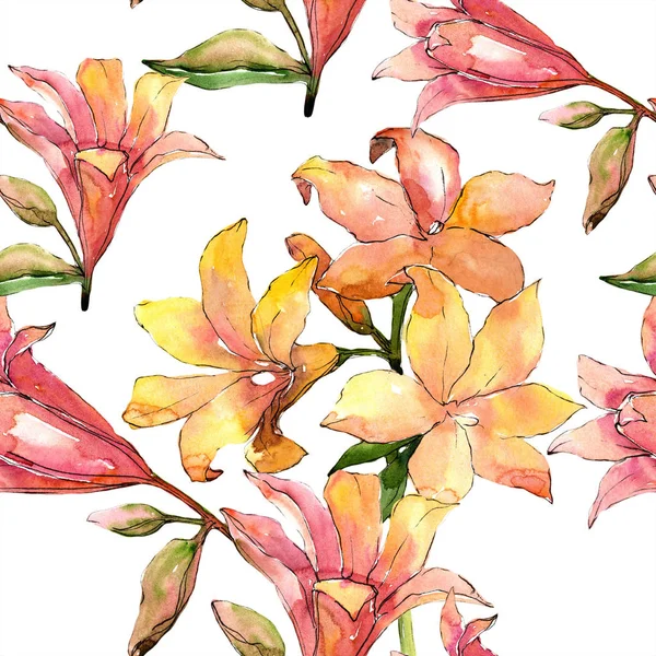 Suluboya turuncu amaryllis. Botanik çiçek. Sorunsuz arka plan deseni. Kumaş duvar kağıdı yazdırma doku. Arka plan, doku, sarıcı desen, çerçeve veya kenarlık için Aquarelle kır çiçeği.