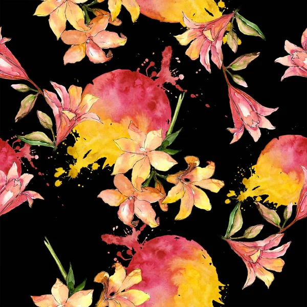 Suluboya turuncu amaryllis. Botanik çiçek. Sorunsuz arka plan deseni. Kumaş duvar kağıdı yazdırma doku. Arka plan, doku, sarıcı desen, çerçeve veya kenarlık için Aquarelle kır çiçeği.