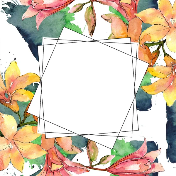Suluboya turuncu amaryllis. Botanik çiçek. Çerçeve kenarlığı süsleme Meydanı. Arka plan, doku, sarıcı desen, çerçeve veya kenarlık için Aquarelle kır çiçeği.