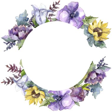 Suluboya buket çiçek. Botanik çiçek. Çerçeve kenarlığı süsleme Meydanı.