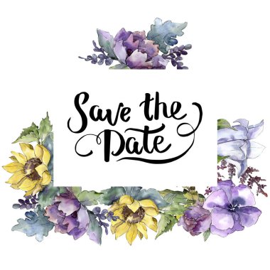 Suluboya buket çiçek. Botanik çiçek. Çerçeve kenarlığı süsleme Meydanı.