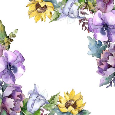 Suluboya buket çiçek. Botanik çiçek. Çerçeve kenarlığı süsleme Meydanı.