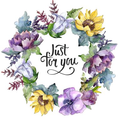 Suluboya buket çiçek. Botanik çiçek. Çerçeve kenarlığı süsleme Meydanı.