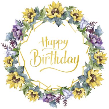 Suluboya buket çiçek. Botanik çiçek. Çerçeve kenarlığı süsleme Meydanı.