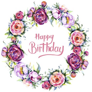 Suluboya buket pembe şakayık flowes. Botanik çiçek. Çerçeve kenarlığı süsleme Meydanı.