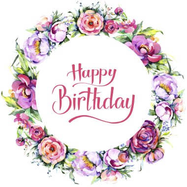 Suluboya buket pembe şakayık flowes. Botanik çiçek. Çerçeve kenarlığı süsleme Meydanı.