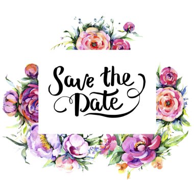 Suluboya buket pembe şakayık flowes. Botanik çiçek. Çerçeve kenarlığı süsleme Meydanı.