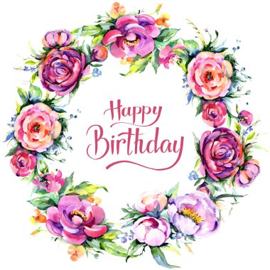 Suluboya buket pembe şakayık flowes. Botanik çiçek. Çerçeve kenarlığı süsleme Meydanı.