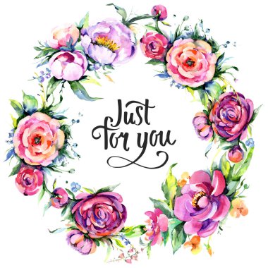 Suluboya buket pembe şakayık flowes. Botanik çiçek. Çerçeve kenarlığı süsleme Meydanı.