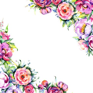 Suluboya buket pembe şakayık flowes. Botanik çiçek. Çerçeve kenarlığı süsleme Meydanı.