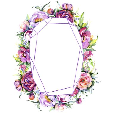 Suluboya buket pembe şakayık flowes. Botanik çiçek. Çerçeve kenarlığı süsleme Meydanı.