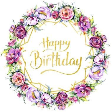 Suluboya buket pembe şakayık flowes. Botanik çiçek. Çerçeve kenarlığı süsleme Meydanı.