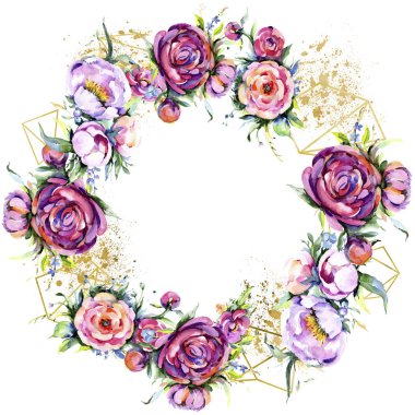 Suluboya buket pembe şakayık flowes. Botanik çiçek. Çerçeve kenarlığı süsleme Meydanı.