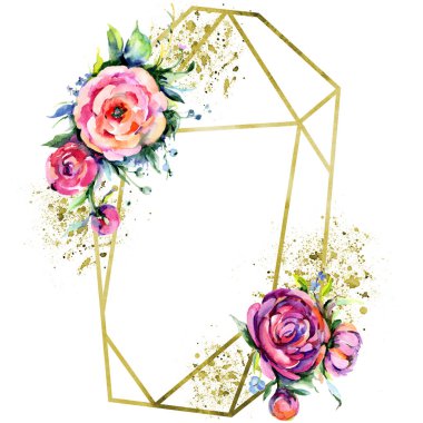 Suluboya buket pembe şakayık flowes. Botanik çiçek. Çerçeve kenarlığı süsleme Meydanı.