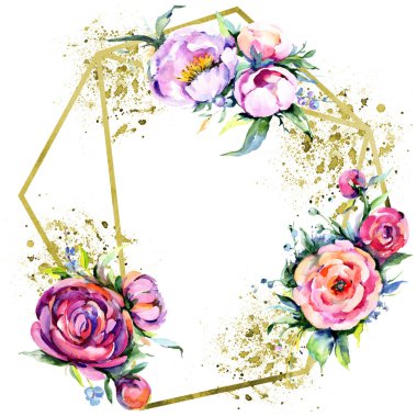 Watercolor bouquet pink peony flowes. Floral botanical flower. Frame border ornament square. clipart