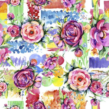 Suluboya buket pembe şakayık flowes. Botanik çiçek. Sorunsuz arka plan deseni. Kumaş duvar kağıdı yazdırma doku. Arka plan, sarıcı desen, çerçeve veya kenarlık için Aquarelle kır çiçeği.