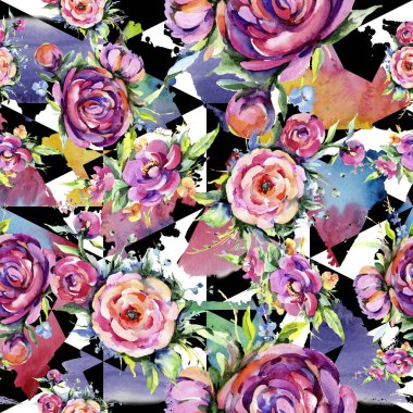 Suluboya buket pembe şakayık flowes. Botanik çiçek. Sorunsuz arka plan deseni.