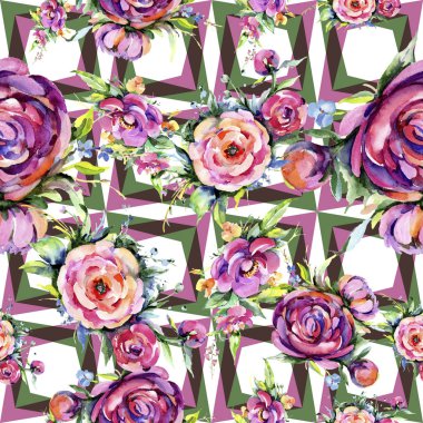 Suluboya buket pembe şakayık flowes. Botanik çiçek. Sorunsuz arka plan deseni.