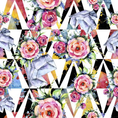 Suluboya buket pembe şakayık flowes. Botanik çiçek. Sorunsuz arka plan deseni.