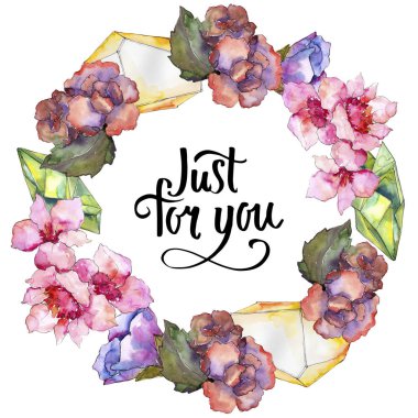 Pembe ve mor gardania. Botanik çiçek. Çerçeve kenarlığı süsleme Meydanı. Arka plan, doku, sarıcı desen, çerçeve veya kenarlık için Aquarelle kır çiçeği.