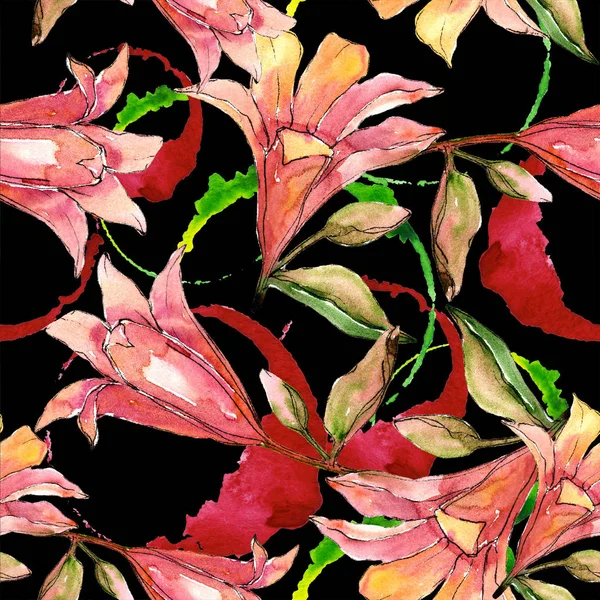 Suluboya turuncu amaryllis. Botanik çiçek. Sorunsuz arka plan deseni.