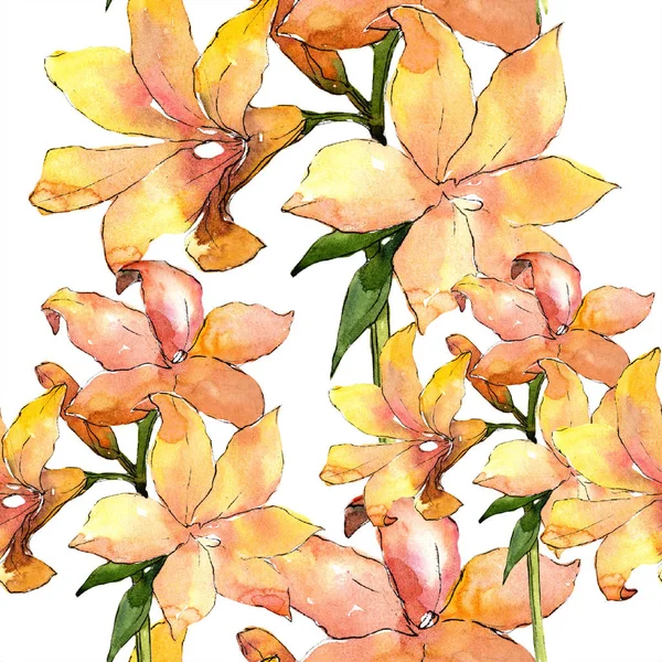 Akvarell orange amaryllis. Blommig botaniska blomma. Sömlös bakgrundsmönster. — Stockfoto
