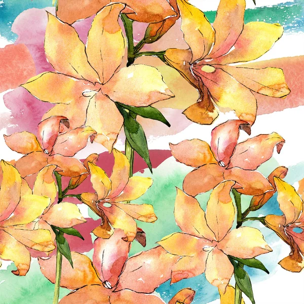 Акварель оранжевый амариллис. Цветочный ботанический цветок. Бесшовный рисунок фона . — стоковое фото