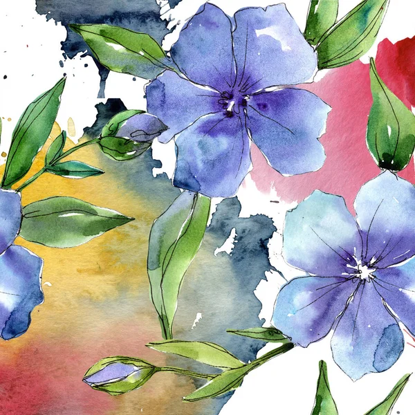 Vattenfärg blå lin blomma. Blommig botaniska blomma. Sömlös bakgrundsmönster. — Stockfoto