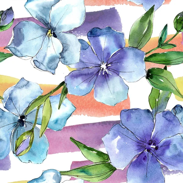 Acquerello fiore di lino blu. Fiore botanico floreale. Modello di sfondo senza soluzione di continuità . — Foto Stock