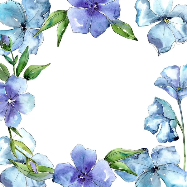Suluboya mavi keten çiçek. Botanik çiçek. Çerçeve kenarlığı süsleme Meydanı.