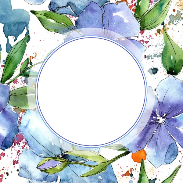 Aquarel blauwe vlas bloem. Floral botanische bloem. Frame grens ornament vierkant. — Stockfoto