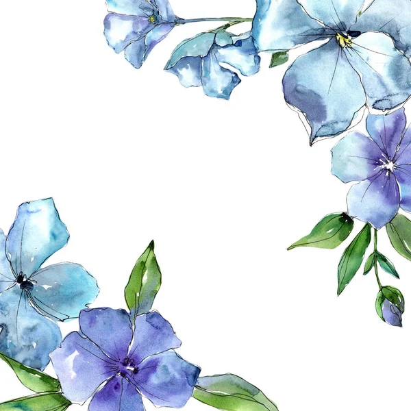 Akvarelu modrý květ lnu. Květinové botanické květin. Frame hranice ozdoba náměstí. — Stock fotografie