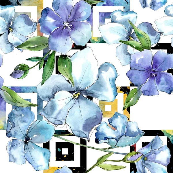 Vattenfärg blå lin blomma. Blommig botaniska blomma. Sömlös bakgrundsmönster. — Stockfoto
