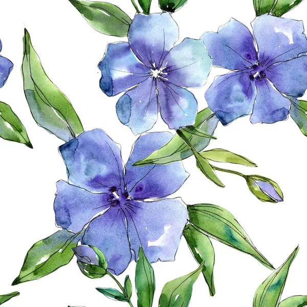 Akwarela, niebieski kwiat lnu. Botaniczny kwiat kwiatowy. Bezszwowe tło wzór. — Zdjęcie stockowe