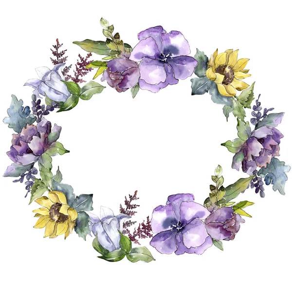 Flores de buquê aquarela. Floral flor botânica. Quadro borda ornamento quadrado . — Fotografia de Stock