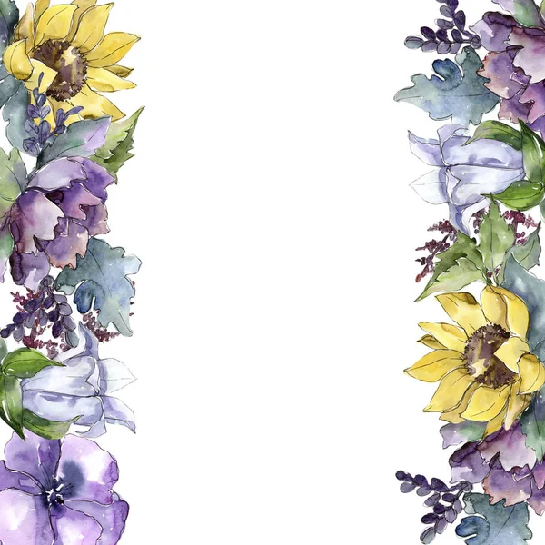 Suluboya buket çiçek. Botanik çiçek. Çerçeve kenarlığı süsleme Meydanı.