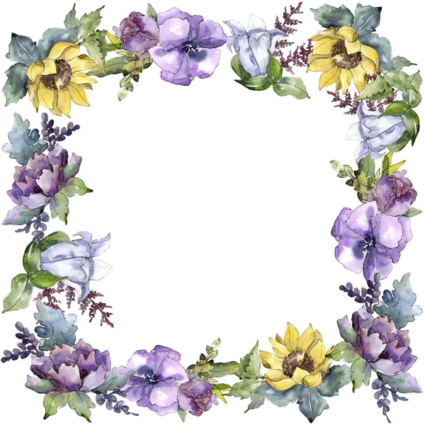 Suluboya buket çiçek. Botanik çiçek. Çerçeve kenarlığı süsleme Meydanı.