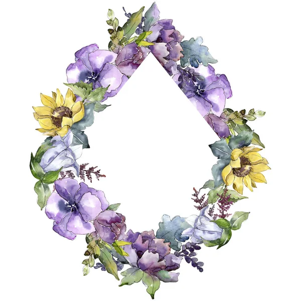 Aquarell Strauß Blumen. Blütenbotanische Blume. Rahmen Rand Ornament Quadrat. — Stockfoto