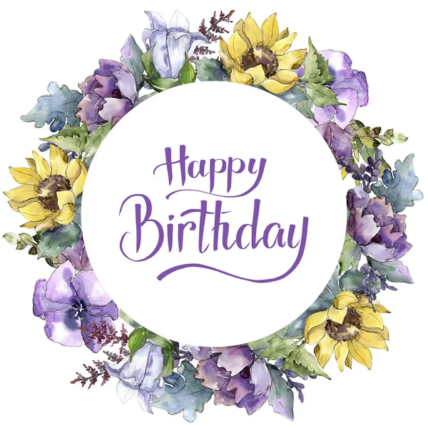 Suluboya buket çiçek. Botanik çiçek. Çerçeve kenarlığı süsleme Meydanı.