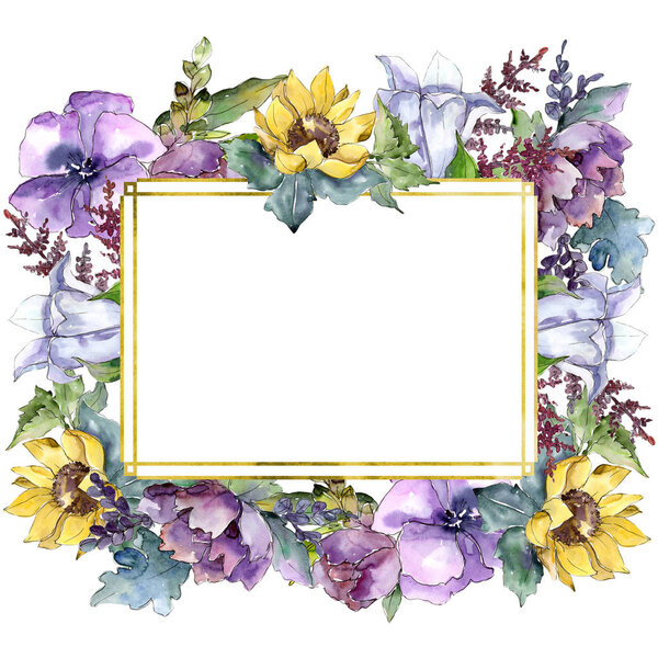 Watercolor bouquet flowers. Floral botanical flower. Frame border ornament square.