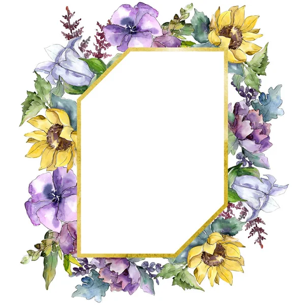 Aquarel boeket bloemen. Floral botanische bloem. Frame grens ornament vierkant. — Stockfoto